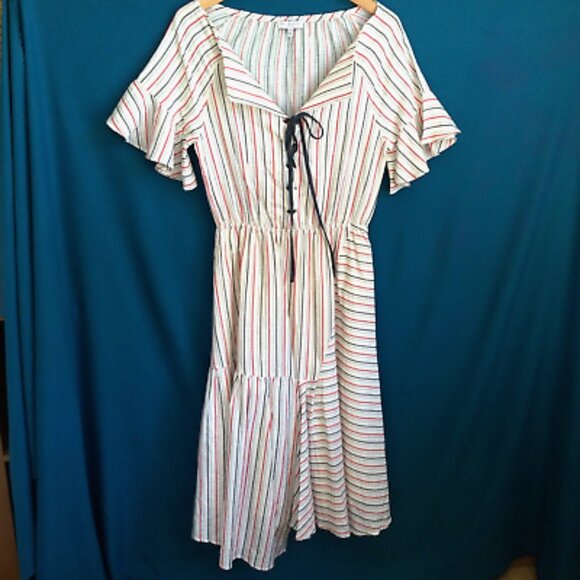 Current Air Dress Medium Los Angeles Cotton Lined Stripe Ruffles Midi Coastal - Picture 2 of 10